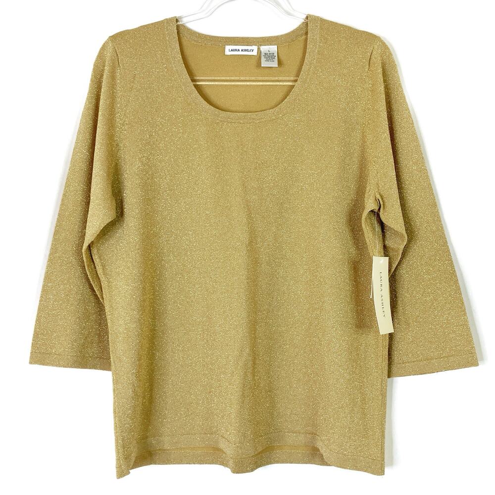 Laura Ashley | Sweater Womens Large Metallic Gold 3/4 Sleeve Scoop Neck NWT